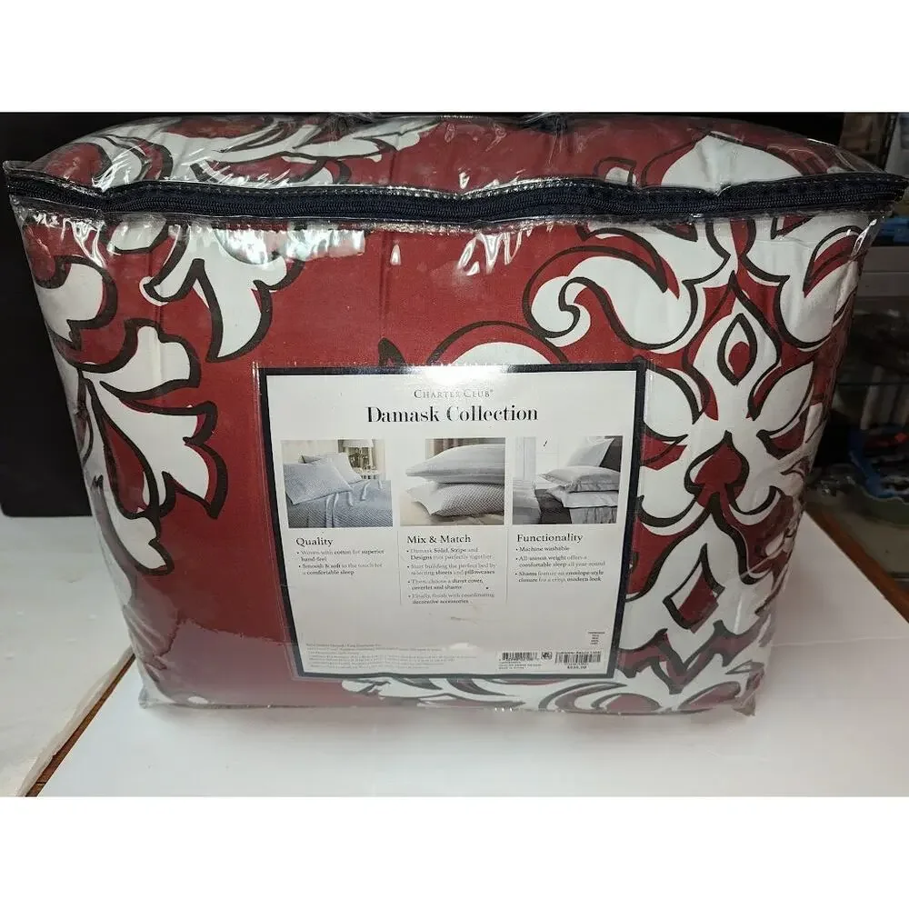 Charter Club Damask Designs Outline  3 PC Duvet Cover Set Maroon Red King NEW